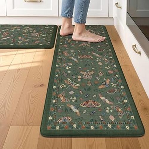 LEEVAN Anti Fatigue Mats for Kitchen Floor Non-Slip, Cushioned Kitchen Mats for Floor 2 Piece, Green Memory Foam Kitchen Mat Set, Waterproof Ergonomic Standing Mat for Bar, Office,Desk, Laundry