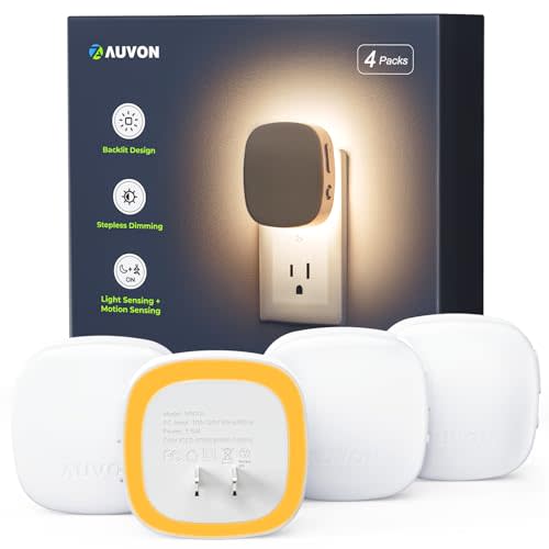 AUVON Plug-in LED Backlit Night Light with Motion Sensor & Dusk to Dawn Sensor, Dimmable Amber Nightlight with 1-50 lm Adjustable Brightness for Bedroom, Bathroom, Stairs, Hallway (4 Pack)