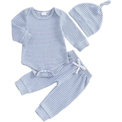 fhutpw Baby Boy Clothes 3 6 9 12 Months Striped Long Sleeve Romper Tops + Pants + Hat 3Pcs Infant Fall Winter Bodysuit Outfit