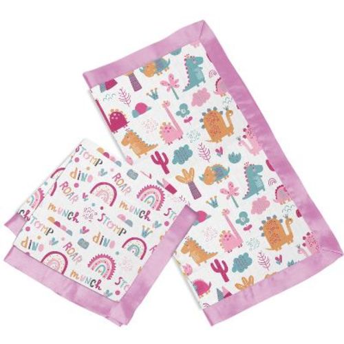 Bacati - Little Dino Rainbow Girls Muslin 2 Pack Security Blankets Pink Fuchsia Orange Aqua