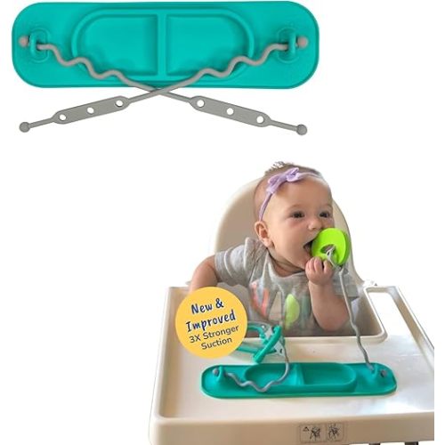 BUSY BABY Silicone Mini Mat - NEW and Improved Suction Cups, 2 Straps to Secure Baby Essentials, Self Feeding, Baby Led Weaning, Travel Wet Bag Included (Spearmint Mini)