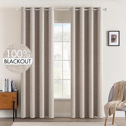 MIULEE Blackout Curtains for Bedroom Linen Texture Solid Thermal Insulated Natural Khaki Grommet Room Darkening Curtains & Drapes Luxury Decor for Living Room Nursery 52 x 84 Inch (2 Panels)