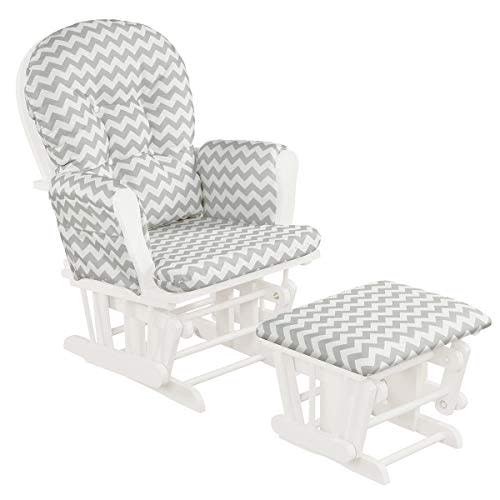 Costzon Nursery Glider with Ottoman, Upholstered Comfort Glider Rocker with Padded Cushion, Storage Pocket, Solid Wood Base, Rocking Chair Nursery for Breastfeeding, Napping (Gray and White)