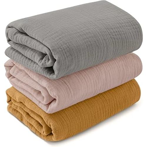 Muslin Swaddle Blankets for Newborn, 3 Pack Breathable Soft Receiving Blanket, Large 38 x 40 inches Swaddle Wrap Burping Clothes, Essentials Infant Shower Items, Toddler Gift (Multiple Colors)