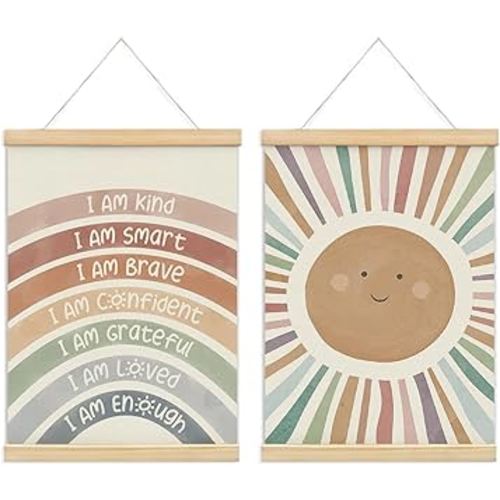 foedor Nursery Kids Room Bedroom Wall Art Decor Boho Cute Positive Affirmations Wall Decor for Toddler Baby Girls Room Classroom Calming Corner Playroom Bathroom Wooden Poster Frames 12x16 Rainbow