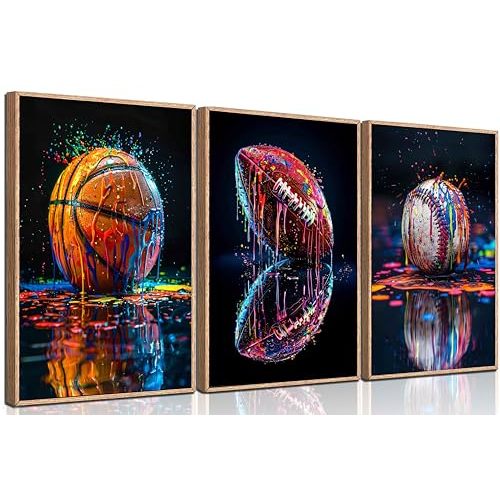 3Pcs Graffiti Sports Canvas Wall Art Boys Room Rustic Football Baseball Rugby Wall Decor Picture American Football Painting Posters Prints for Nursery Playroom Living Bedroom Decoration No Frames