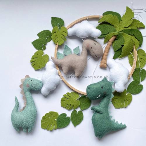 Dinosaur Baby Mobile | Felt Dino Crib Mobile with Palm Tree & Clouds | Green Jungle Nursery Decor for Boys or Girls