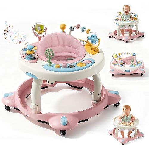 Baby Walker with Wheels,3-in-1 Foldable Infant Walker for Baby 6-12 Months,360° Rotating Seat with Activity Center,Baby Walker for Boys Girls with Musical Toys(Pink)
