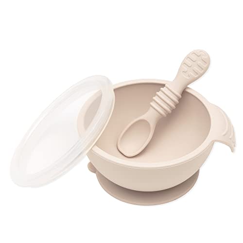 Bumkins Feeding Set with Suction, Includes Spoon and Lid, Training Essentials for Baby-Led Weaning, Toddler Self-Feeding, Babies Eating at 4 Mos Up, Beige