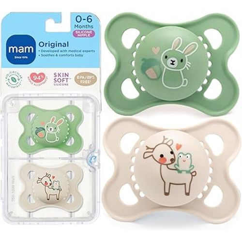 MAM Original Matte Baby Pacifiers 0-6 Months, Binky for Newborn Babies, BPA-Free Skin Soft Silicone Nipple, Easy to Clean, Developed with Medical Experts, 2 Count, With Sterilizer Case, Made in Europe
