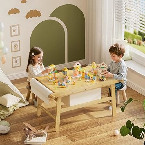 Sensory Table for Toddler, Bamboo Activity Table with Storage, Sliding Panel Play Tables for Kids, 5 in 1 Storage Table for Toys Building Blocks Study, Natural Color