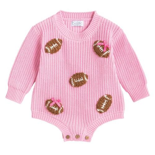 Pink Football Sweater Bubble | Cotton Knit Baby Romper | Mud Pie