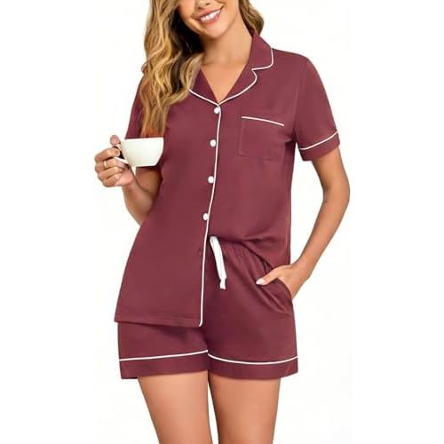 Veseacky 100% Cotton Pajamas for Women Set Short Sleeve Button Down Sleepwear Soft 2 Piece Summer Pjs Lounge Sets S-XXL