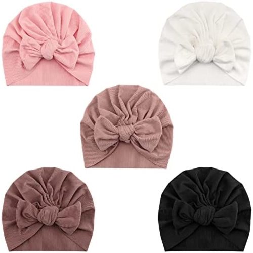 DRESHOW BQUBO 5 Pieces Newborn Baby Turban Hats Bow Baby Infant Beanie Breathable Toddler Cap for Baby Girls