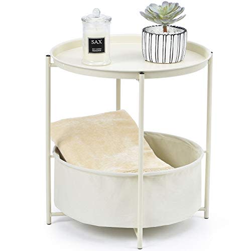 TOOLF End Table,Metal Nightstand,Sofa Side Snack Coffee Round Table with Detachable Tray Top and Fabric Storage Basket,Scandi Style Table for Living Room Bedroom (Cream)
