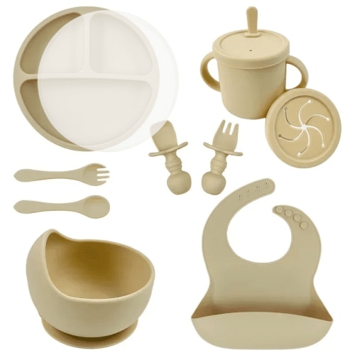 Silicone Baby Feeding Set with Lid Suction Bowl Toddler Dinning Plate Straw Cup Bibs Spoon Fork Kids Tableware Children Dishes-Beige 10Pcs Set