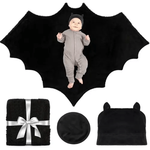 Multi-Use Bat Blanket has a Monthly Baby Milestone Blanket Option and Plush Black Baby Hat with Ears, Baby Bat Swaddle Blanket, Black Baby Blanket, Black Swaddle Blanket, Goth Baby Stuff