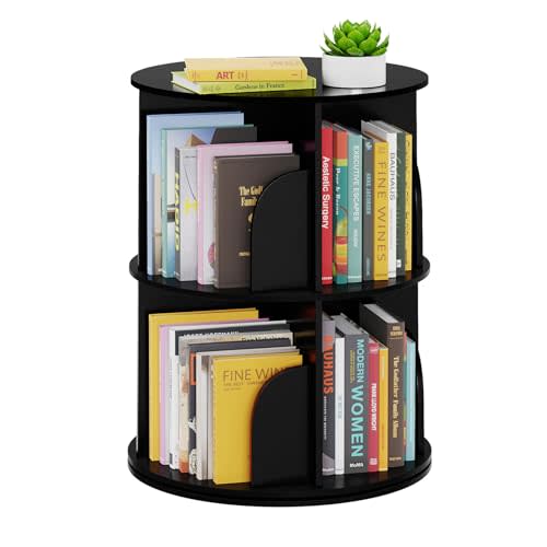 SpaceAid 2 Tier Rotating Bookshelf Tower, Spinning Bookcase Lazy Susan, Revolving 360 Book Shelf Storage Round Carousel, Vertical Rotate Turning Spiral Corner Organizer, Black