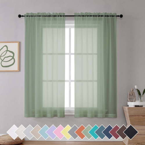OVZME 42x63 Sage Green Sheer Curtains 2 Pack, 63 Inch Long Curtain Drapes for Living Room Bedroom, Rod Pocket Soft Voile Sheers for Home Decor, Each 42"Wx63"L