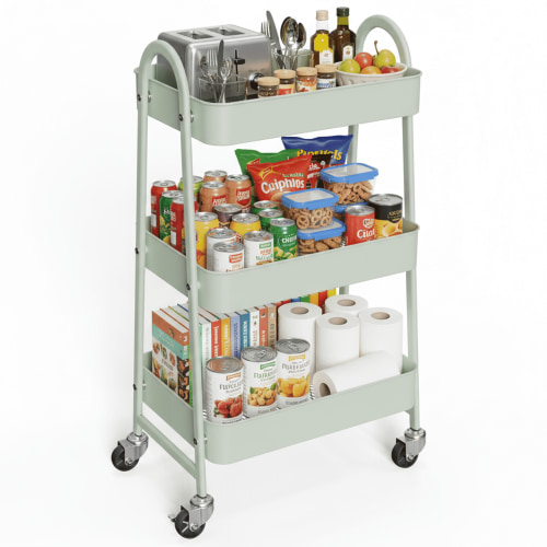 EDX 3 Tier Rolling Cart, Metal Utility Storage Organizer with Lockable Wheels, Green