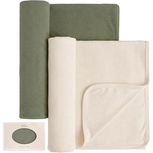 Konssy Knit Baby Blanket 2 Pack, Soft Ribbed Swaddle Receiving Blankets for Boys & Girls, Lightweight Cozy Swaddling Wrap for Newborns, Infants, & Toddlers, 33x42 Inch (Beige, Sage)