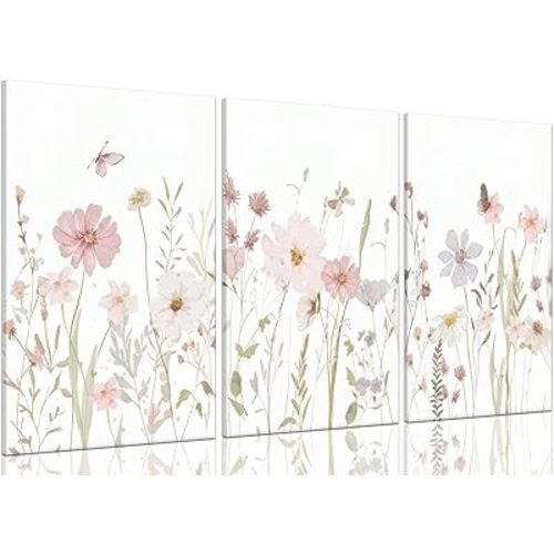 Yxjyzzkx Floral Canvas Wall Art Set of 3, Botanical Triptych Canvas Prints Wall Decor, Soft Pastel Flower Painting for Living Room Bedroom Bathroom, Waterproof Fade Resistant, 16x12 Inch Each