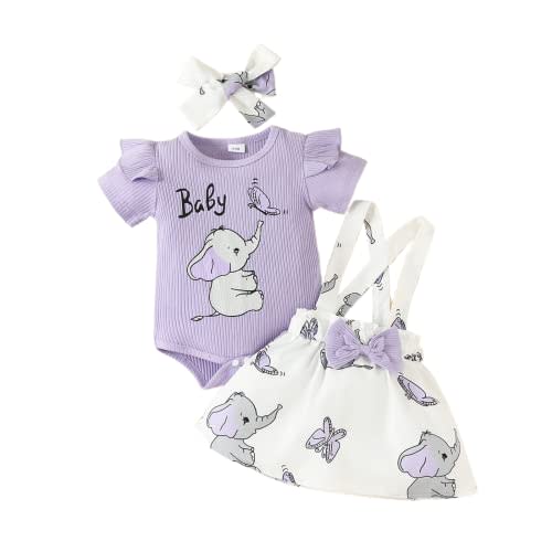 Newborn Baby Girl Summer Clothes Elephant/Butterfly Ruffle Short Sleeve Ribbed Romper+Suspender Skirt Overall Dress+Headband