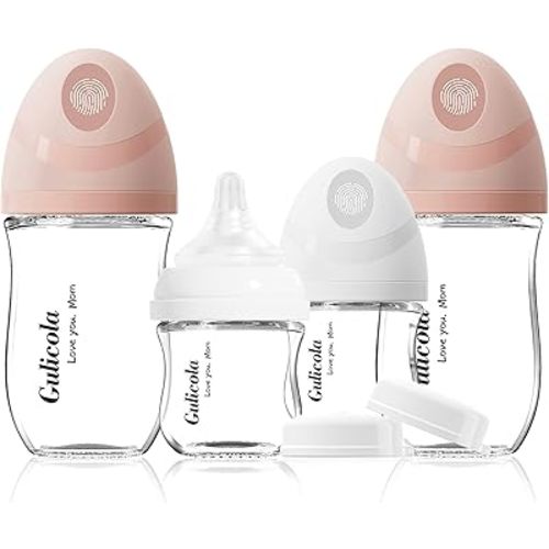 Natural Glass Baby Bottles Set 4 Pack, Newborn Girl Breastfeeding Bottles with Slow Flow Nipples, 0 Months+, 3 oz & 5 oz - Pink