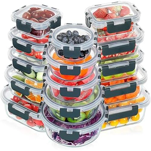 VERONES 30 Pieces Glass Meal Prep Containers Set, Stackable Glass Food Storage Containers with Lids-Airtight Lunch Containers,for Microwave, Oven, Freezer & Dishwasher,Grey