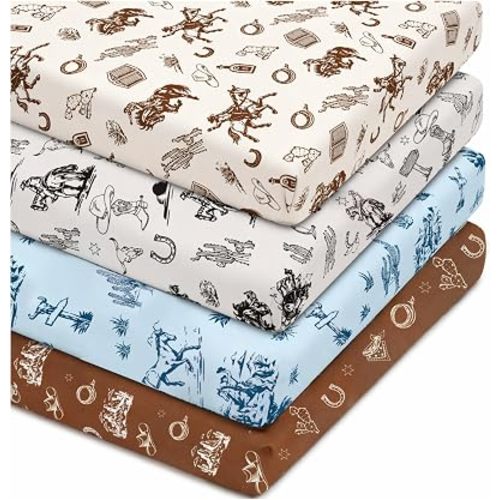 4 Pack Vintage Western Crib Sheets Set - Fits Standard 52"x28"x8" Crib & Toddler Mattress, Soft Breathable Polyester Baby Nursery Bedding, Retro Cowboy Horse Cactus Print Fitted Sheets for Boys