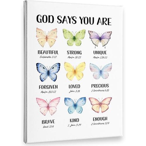 PHAMTE Colorful Butterfly Christian Inspirational Wall Art Decor Canvas 11x14, God Says You Are Scripture Pictures Wall Decorations Art, Bible Verse Framed Prints Artwork for Girly Room Dorm Decor