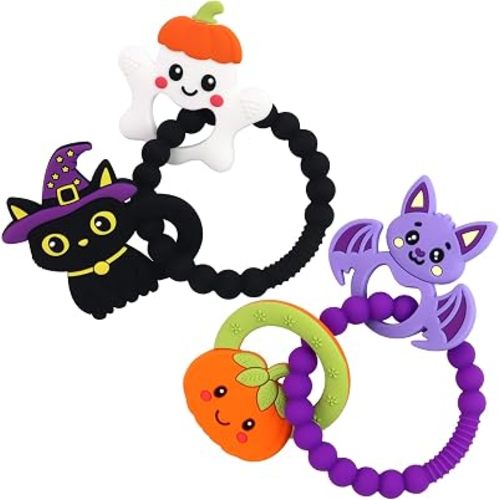 2 PCS Halloween Teething Ring Toys, Silicone Baby Pumpkin Ghost Teether