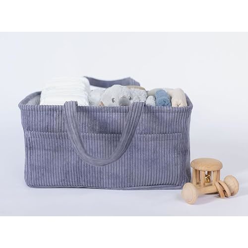 Diaper Caddy Organizer - Blue Indigo Curdoroy Baby Storage Bin for Nursery & Car | Baby Shower Basket & registry Essential