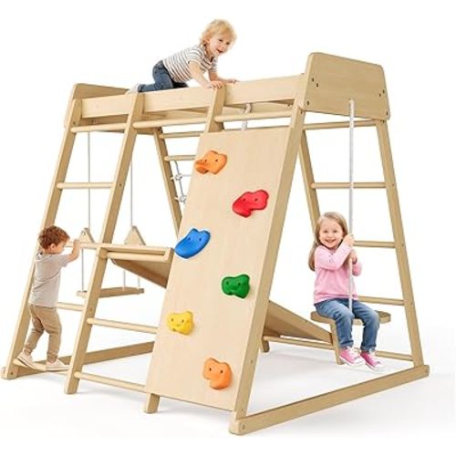 8-in-1 Indoor Playground Jungle Gym Kids Climbing Toys, Wooden Climber Playset with Slide, Swing, Monkey Bars & Climb Net, Natural Wooden Design, Perfect Birthday Toys for Kids