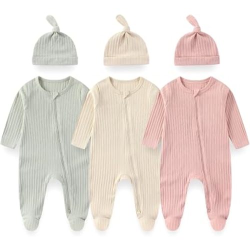 Unisex Newborn Baby Long Sleeve Romper 3-Pack with Matching Hats Solid Color Outfits