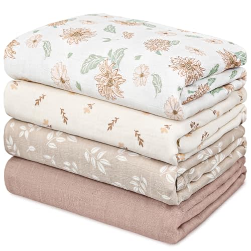 GLLQUEN BABY Muslin Swaddle Blankets 4-Pack Breathable Receiving Blankets (35" x 40") Soft Baby Blankets for Girls and Boys Newborn Essentials Muslin Burp Cloths Swaddle Wrap Baby Gift(Sunflower)