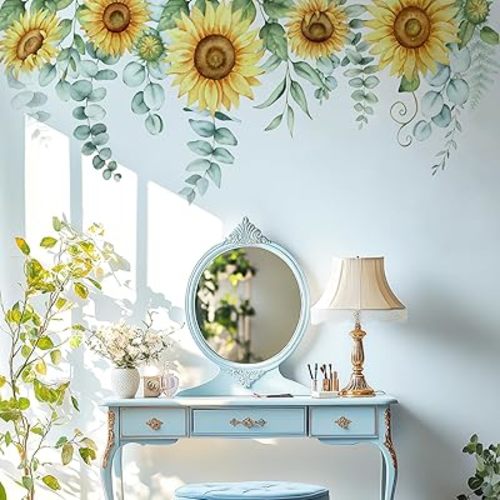Sunflowers Floral Wall Decals Peel and Stick, Large Floral Flowers Wall Stickers, Removable Vine Home Decor Art for Bedroom Living Room Classroom Office