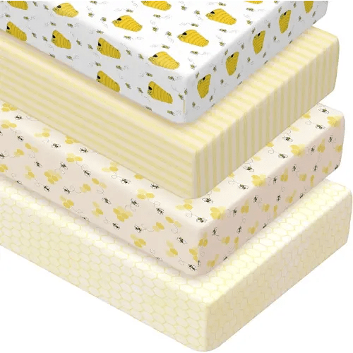 Peryiter 4 Pack Crib Sheets Girl Soft Baby Bed Sheet Set 52'' x 28" Nursery Crib Sheets for Standard Bed for Nursery Decor Baby Boys or Girls (Yellow,Bee)