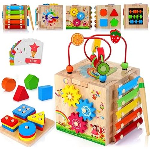 HELLOWOOD 8-in-1 Wooden Activity Cube for Kids, Sorting & Stacking Toys Shape Match Xylophone Montessori Learning Toy STEM Value Pack Gift for Boys Girls Toddlers-Light Pink Packaging