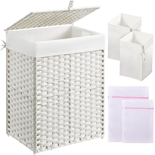 Greenstell Laundry Hamper with Lid, 90L Clothes Hamper with 2 Removable Liner Bags & 2 Mesh Laundry Bags, Handwoven Synthetic Rattan Laundry Basket for Clothes, Toys in Bathroom, Bedroom White