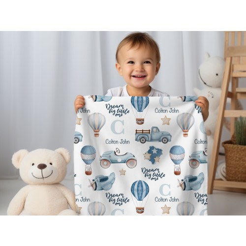 Vintage Boy Nursery Blanket, Personalized Car, Plane, Truck Baby Blanket, Blue Hot Air Balloon Plane, Vintage Baby Shower Gift, Car Birthday