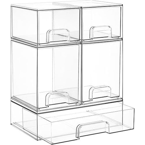 Vtopmart Stackable Storage Drawers Set of 5, Clear Plastic Organizer Bins for Baby Bottle, Beauty Supplies Storage, Ideal for Kichen Countertop, Vanity, Bathroom, Cabinet, Pantry Organization