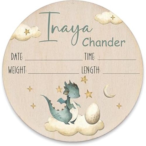 Personalized Dragon Birth Stat Sign for Newborn Baby, Baby Announcement Sign, Wooden, 4" Diameter