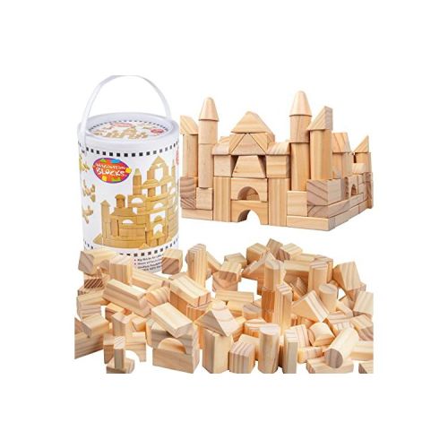 Wooden Blocks - 100 Pc Wood Building Block Set with Carrying Bag and Container (Natural Colored) - 100% Real Wood