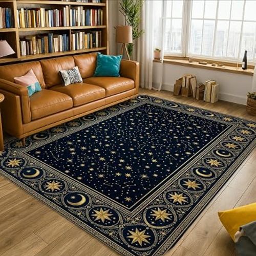 Stars Area Rug, Celestial Mystical Moon Sun Fall Navy Blue Low Pile Sponge Home Indoor Pattern Carpets Non Shedding Rugs for Living Room Bedroom Hallway Desk Office Decor 5' X 7'