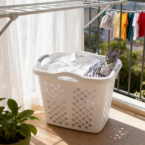 2 Bushel Plastic Laundry Basket with Handles by Lamper - Comfortable Handles for Carrying, Lightweight Yet Sturdy, Perfect for Bedroom, Bathroom & Laundry Room (White)