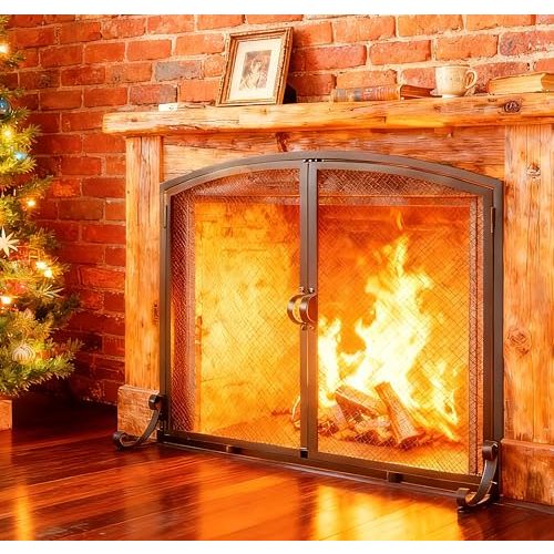 Fire Beauty 37.8x30.7 in Flat Fireplace Screen with Doors, 2-Pannel Wrought Iron,Arched Design Mesh,Adjustable Fit Fireplace Spark Guard