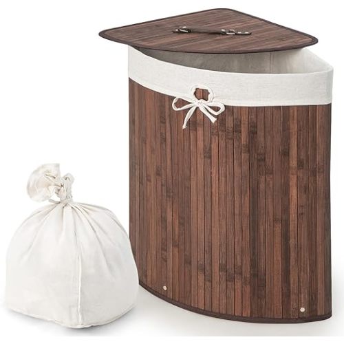 Giantex Corner Laundry Hamper with Lid, 58 L Bamboo Laundry Basket with Removable Liner & Handle, Triangle Clothes Hamper for Small Spaces, Bedroom, Bathroom, Laundry & Living Room (Brown)