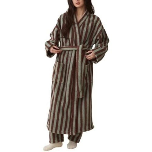 Women's Fuzzy Fleece Long Robe Striped Plush Kimono Warm Thick Fluffy Oversized V Neck Loungewear Maxi Bathrobe