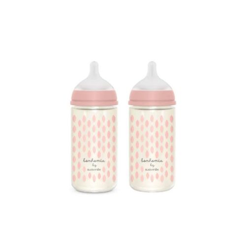 Suavinex Bonhomia SX PRO Glass Anti-Colic Baby Bottles with Medium Flow - 8 fl oz/2pk - Pink